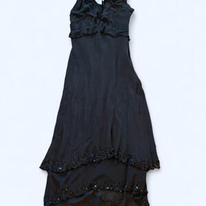 Vintage black midi dress with sequins and layered ruffles